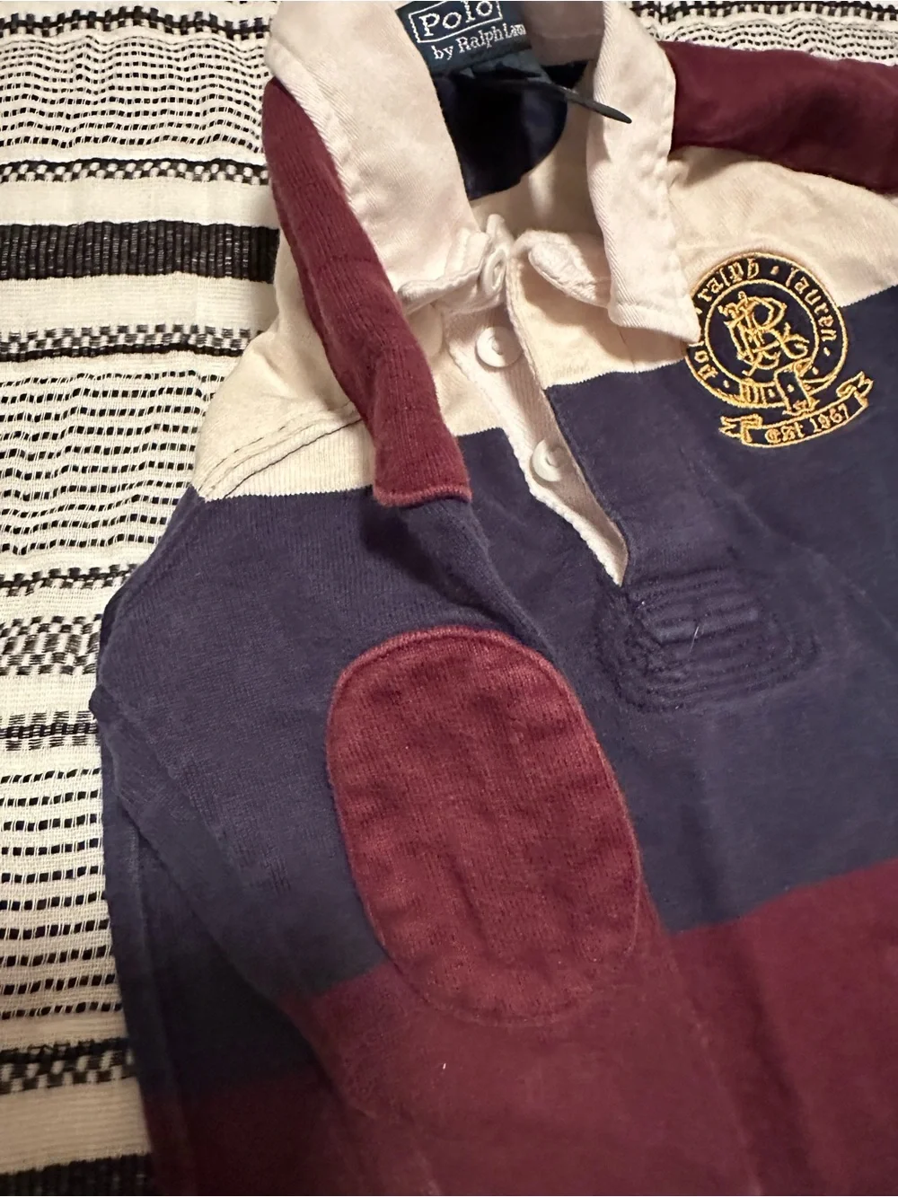 Ralph Lauren Boys Burgundy,Navy, and Cream Rugby Polo- Size 12M